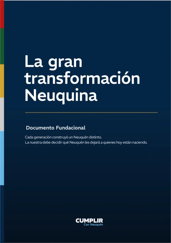 Tapa del documento, en azul, con el título «La gran transformación Neuquina», la leyenda «Documento Fundacional» y el logotipo de CUMPLIR Con Neuquén al pie