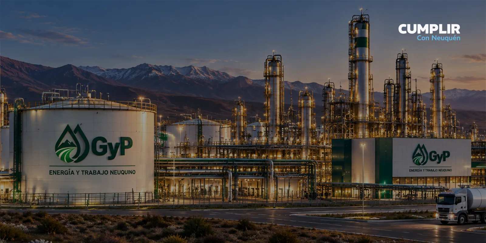 Imagen de una planta industrial con tanques y la marca GyP, Energía y Trabajo Neuquino, al pie de la cordillera