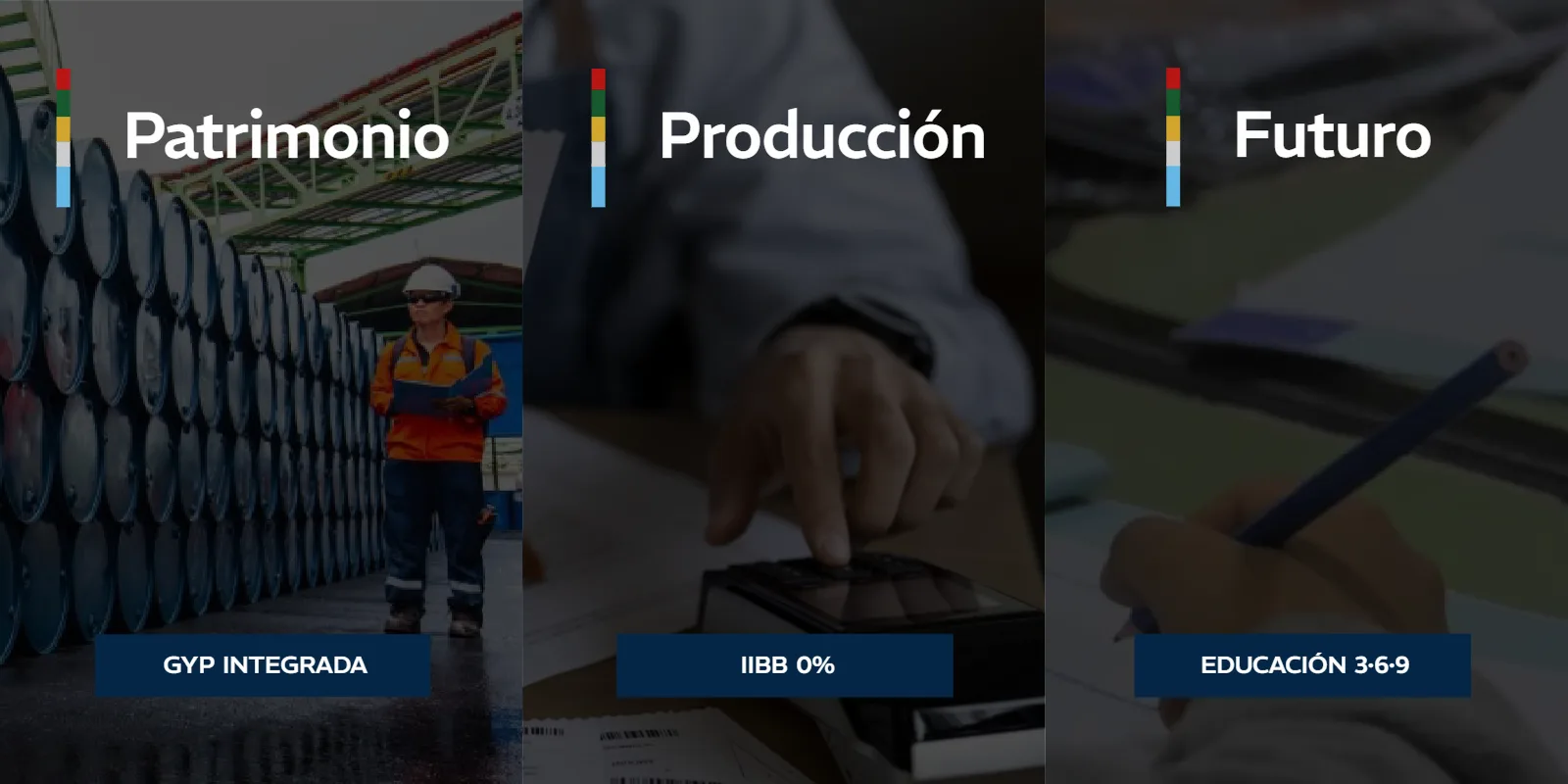 Placa con las tres propuestas: Patrimonio, GYP integrada; Producción, IIBB 0%; Futuro, Educación 3-6-9